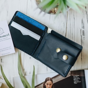 Leather 3rd anniversary gift | Blue Leather men's mini wallet | small wallet 6 Compartments | Mens leather billfold | Father's Day Gift Idea