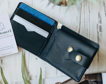 Leather 3rd anniversary gift | Blue Leather men's mini wallet | small wallet 6 Compartments | Mens leather billfold | Father's Day Gift Idea