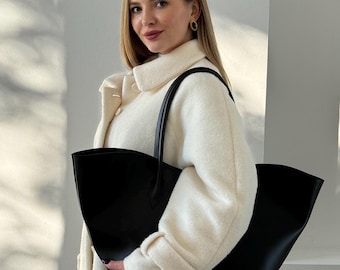 Black Vegan Leather Shoulder Bag for Women, Large Zipper Eco Leather Handbag, Modern Chic Everyday Purse
