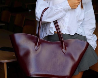 Burgundy Vegan Leather Tote Bag - Large Wine Red Handbag, Minimal Eco Leather Purse