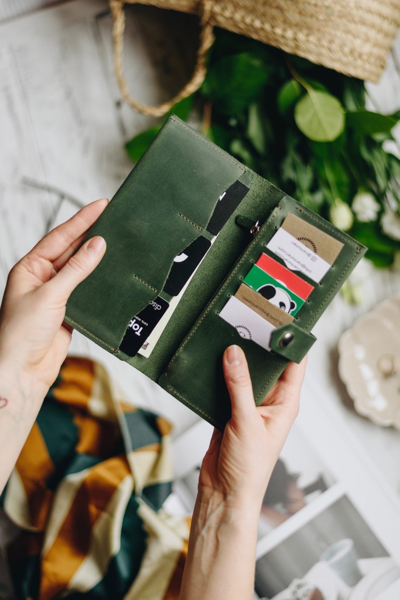 Cartera de piel verde, cartera de piel mujer, cartera de piel mujer, cartera personalizada, cartera para tarjetas, cartera mujer, regalo día de la madre imagen 3