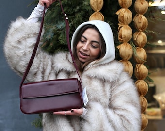 Burgundy Baguette Handbag, Vegan Leather Shoulder Bag