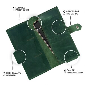 Cartera de piel verde, cartera de piel mujer, cartera de piel mujer, cartera personalizada, cartera para tarjetas, cartera mujer, regalo día de la madre imagen 6