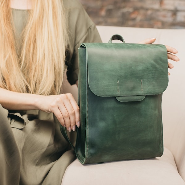 Leather green backpack,Laptop Travel Rucksack Leather,Leather MacBook backpack,Leather laptop bag gift, Leather Backpack,Women bag gift