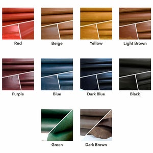 May include: A color chart showcasing leather swatches in various hues. The swatches include red, beige, yellow, light brown, purple, blue, dark blue, black, green, and dark brown. Each swatch is labeled with its corresponding color name.