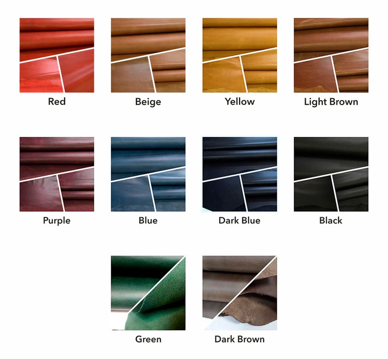 May include: A color chart showcasing leather swatches in various hues. The swatches include red, beige, yellow, light brown, purple, blue, dark blue, black, green, and dark brown. Each swatch is labeled with its corresponding color name.