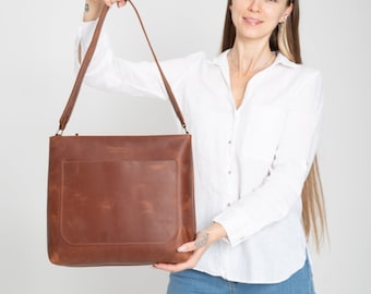 Leather Tote Bag for Women, Leather Shoulder Bag, Handmade Leather Tote, Tote Bag With Outside pocket, Leather Mini Tote, Leather Handbag