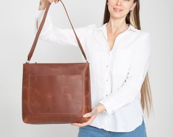 Sac fourre-tout en cuir pour femmes, sac à bandoulière en cuir, fourre-tout en cuir fait main, sac fourre-tout avec poche extérieure, mini fourre-tout en cuir, sac à main en cuir