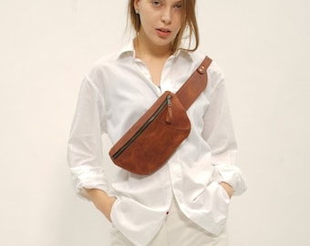 Leather Belt Bag Leather Fanny Pack Crossbody Bag Women Shoulder Bag Utility Bag Leather Purse Woman Handbag Minimalist Bag Brown Cross Body