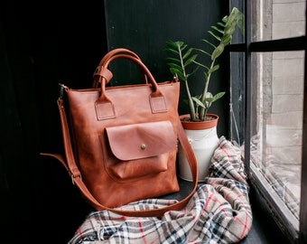 Brown Leather Tote Bag Woman Tote Bag Shoulder Crossbody Bag Big Leather Tote MacBook IeatherTote Leather Shopper Crossbody Crossbody Tote