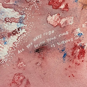 Close up of a portion of a watercolour-style red/blue image with text reading ALL YOU HAVE TO DO WITH YOUR TIME IS SURVIVE IT