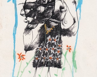 Original Drawing #726/ 14x21cm** READ IMPORTANT INFO in description Below**Indian ink, ChalkPastel, fishbowl, fish, glasses