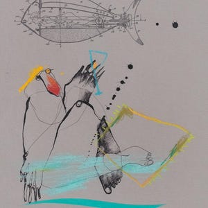 May include: Abstract artwork on gray background. A fish-shaped diagram is at the top, with a figure below holding a glass. The artwork uses black lines, with splashes of yellow, red, and blue. The artist's signature is at the bottom.