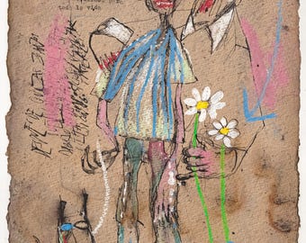 Original Drawing #1128/ 20.5x34.5cm *** READ IMP0RTANT INFO in DESCRIPTION Below***. Mixed media on stained paper