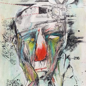 Puede incluir: Una obra de arte abstracta en acuarela y tinta que representa un rostro humano con una nariz roja y rayas coloridas. Una cámara de cine vintage está dibujada encima de la cabeza. La obra incluye texto manuscrito y los números "216" y "A2".