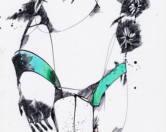 May include: Black and white line drawing of a person with a large head and open mouth, wearing a turquoise and green swimsuit. The person is standing with their legs crossed and their arms raised above their head. The drawing is on a white background with black ink splatters.