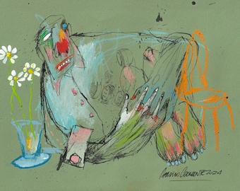 Original Drawing #1121/ 29x21cm** READ IMPORTANT INFO in description Below**Indian ink, ChalkPastel, Phone, Transfer