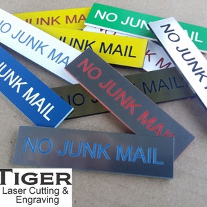 NO JUNK MAIL Laser Engraved Letterbox Mailbox Sign 30 Colours and 10 Sizes Small, Medium & Large image 1