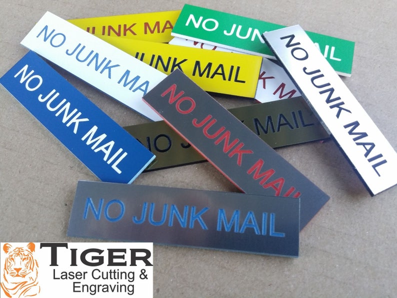 NO JUNK MAIL Laser Engraved Letterbox Mailbox Sign 30 Colours and 10 Sizes Small, Medium & Large image 1