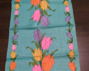 Vibrant Tulips on Teal Blue/Green Linen Tea Towel