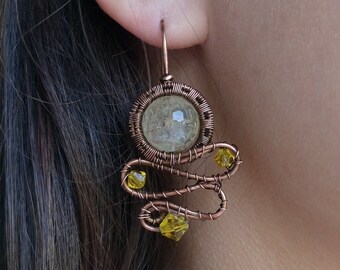 Women Earrings with crystals,Copper earrings with swarovski crystals,Copper earrings with citrine, Drop earrings with crystals  for women