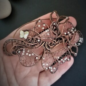 Flower brooch with zircon and Swarovski crystals, Copper brooch with butterfly crystal, plant lover gift