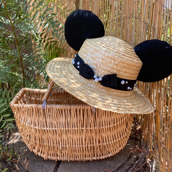 Sombrero de Paja Ohren, Strohhut, Mickey Ohren, Maus Ohren, Disney inspiriert, Sommerhut, Boater Hut, Sonnenhut, Mickey Mouse, Disney Ohren