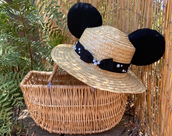 Sombrero de Paja Ohren, Strohhut, Mickey Ohren, Maus Ohren, Disney inspiriert, Sommerhut, Boater Hut, Sonnenhut, Mickey Mouse, Disney Ohren