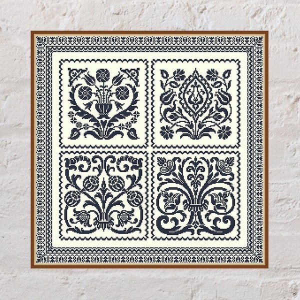Cross stitch pattern Floral Squares, cross stitch tiles, geometric embroidery,sampler cross stitch,monochrome pillow design,digital PDF file