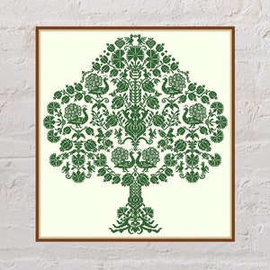 May include: A green embroidered tree of life design with peacocks and floral motifs. The design is framed in a brown wood frame.