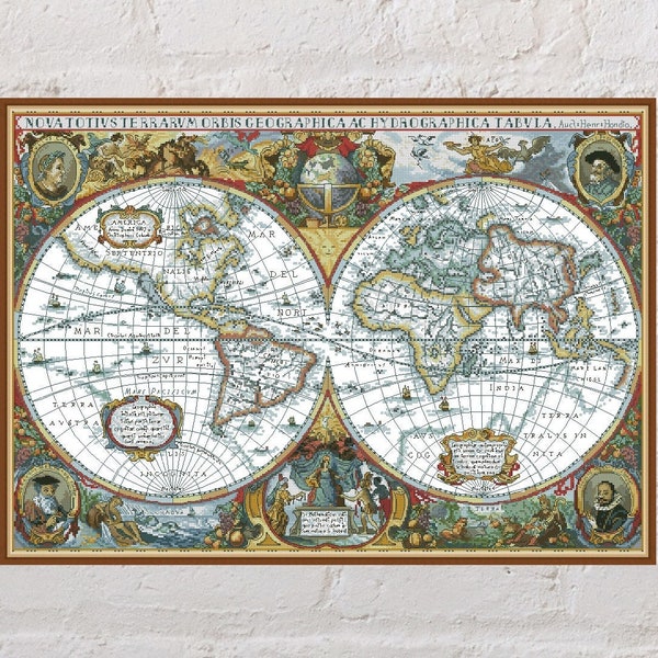 Antikes Weltkarte-Kreuzstichmuster, geografischer Kreuzstich, digitale PDF-Datei, Vintage-Stickerei, druckbarer Kreuzstich, barocke Karte