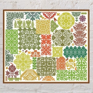 Quaker sampler cross stitch pattern Stained Glass, patchwork cross stitch, geometric embroidery,folk sampler,PDF file,printable cross stitch