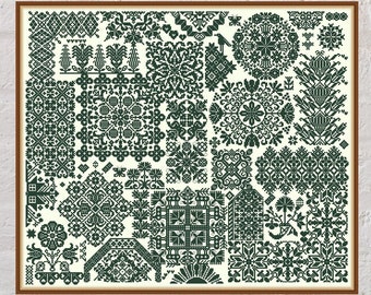 Quaker sampler cross stitch pattern Flower Web, patchwork cross stitch, monochrome embroidery, antique sampler, digital PDF file, printable