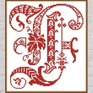 Patrón punto de cruz Letra F del Alfabeto Medieval, punto de cruz antiguo, archivo PDF, monograma, bordado monocromático, punto de cruz tipografía