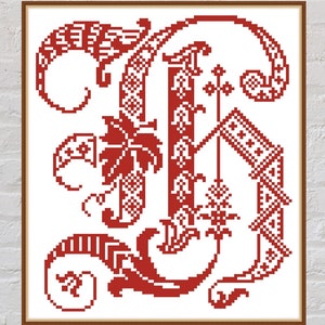 Patrón punto de cruz Letra H del Alfabeto Medieval, punto de cruz antiguo, archivo PDF, monograma, bordado monocromático, punto de cruz tipografía