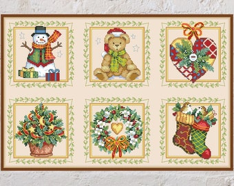 May include: A set of six Christmas-themed cross-stitch patterns featuring a snowman, a teddy bear, a heart ornament, a Christmas tree, a wreath, and a stocking.