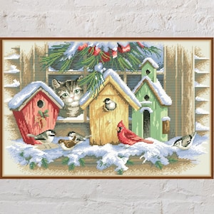 Cross stitch pattern Wintertime, Christmas cross stitch, holiday embroidery, digital PDF file, printable, bird house, cat cross stitch