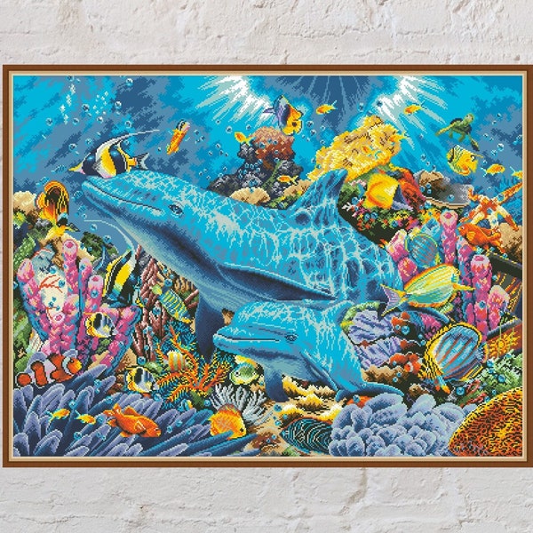 Cross stitch pattern Dolphins, ocean cross stitch, fish cross stitch, sea, nature embroidery, summer cross stitch, PDF, underwater world