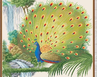 Cross stitch pattern Peacock, bird cross stitch, nature embroidery, vintage cross stitch, digital PDF file, printable cross stitch,waterfall
