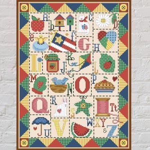 Cross stitch pattern Alphabet Quilt, nature cross stitch, vintage embroidery, abc cross stitch, bird, cat, rabbit, PDF, cute cross stitch