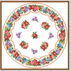 Wzór haftu krzyżykowego Obrus w kwiaty, haft krzyżykowy vintage, haft kwiatowy, plik cyfrowy PDF, haft krzyżykowy do druku, wzór okrągły