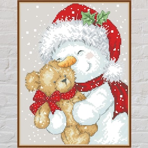Cross stitch pattern Snowman, Christmas cross stitch, holiday embroidery, noel cross stitch, digital PDF file, teddy bear, cute cross stitch