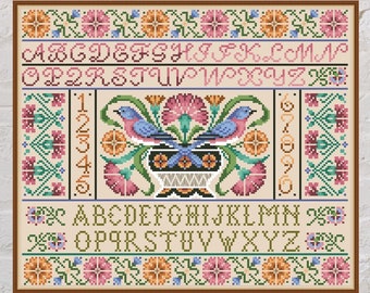 Cross stitch pattern Floral Alphabet Sampler, floral cross stitch, alphabet cross stitch, abc embroidery, PDF file, printable cross stitch