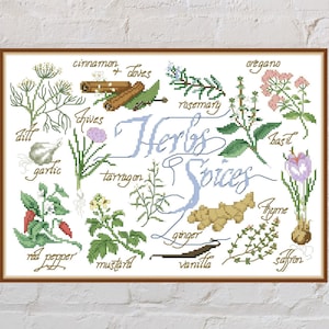 Patrón de punto de cruz Hierbas y especias, gráfico de punto de cruz de muestra, bordado de naturaleza, punto de cruz de plantas, archivo PDF, punto de cruz imprimible