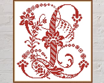 Cross stitch pattern Letter L of the Antique Alphabet, vintage cross stitch, PDF file, monogram, monochrome embroidery, font cross stitch