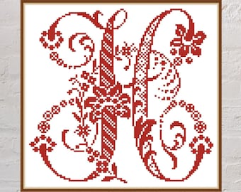 Cross stitch pattern Letter H of the Antique Alphabet, vintage cross stitch, PDF file, monogram, monochrome embroidery, font cross stitch