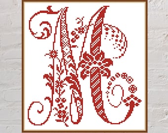Cross stitch pattern Letter M of the Antique Alphabet, vintage cross stitch, PDF file, monogram, monochrome embroidery, font cross stitch