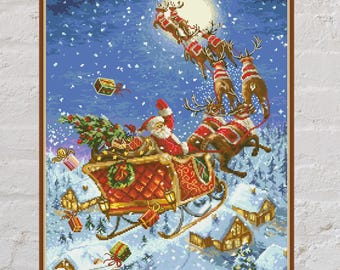 Cross stitch pattern Santa Claus #2, Christmas cross stitch, holiday embroidery, Christmas Night, Flying Santa, PDF file, winter village