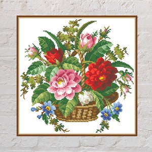 Kruissteekpatroon bloemenmand, bloemenkruissteek, vintage kruissteek, natuurborduurwerk, digitaal pdf-bestand, afdrukbare kruissteek