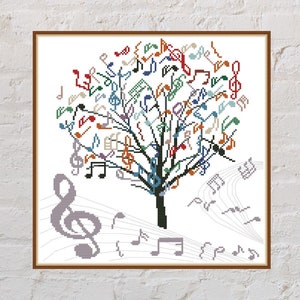 May include: A colourful tree with musical notes as leaves. The tree is surrounded by musical notes and a treble clef.